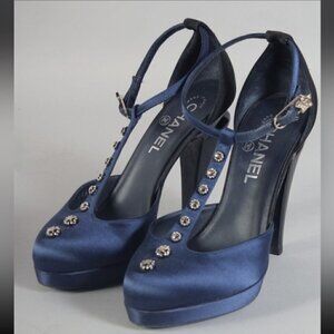 Chanel Navy Satin Crystal Star Embellished T-Strap CC Platform Pumps 37